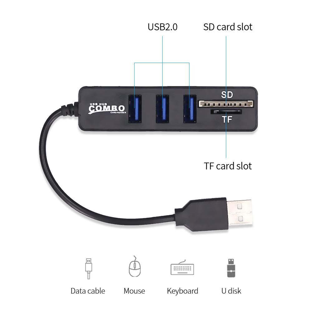 5-in-1 Multifunctional USB2.0 Hub Converter with TF SD Card Slots Support USB Fan Mouse Keyboard Mobile Hard Disk U Disk Black