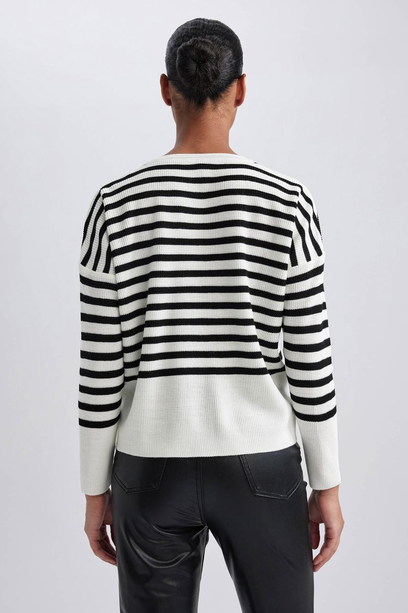 Woman Casual Relax Fit Crew Neck Long Sleeve Tricot Cardigan - Ecru