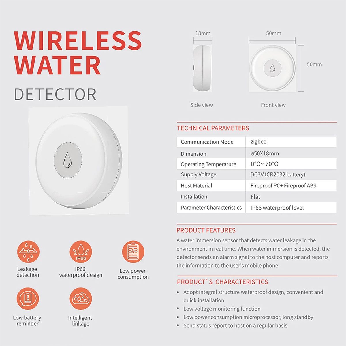 Zigbee Smart Home Water Leak Sensor Wireless Flooding