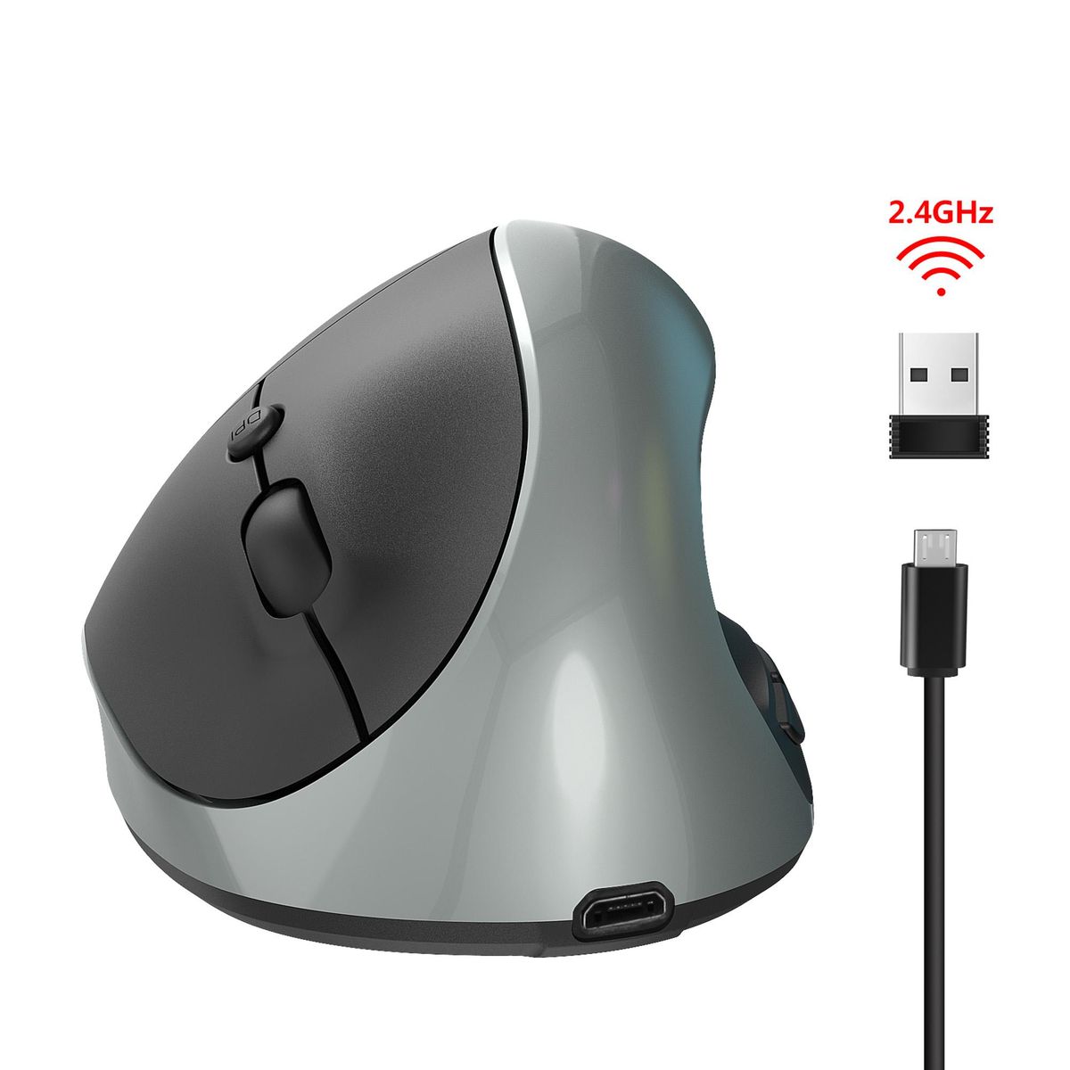 HXSJ X10 2.4G Wireless Vertical Mouse Ergonomic Mice 3-gear Adjustable DPI Built-in 600mAh Rechargeable Lithium Battery Grey