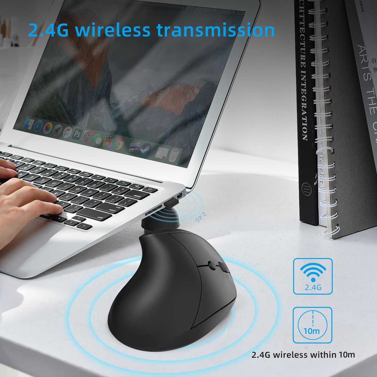 HXSJ X10 2.4G Wireless Vertical Mouse Ergonomic Mice 3-gear Adjustable DPI Built-in 600mAh Rechargeable Lithium Battery Grey