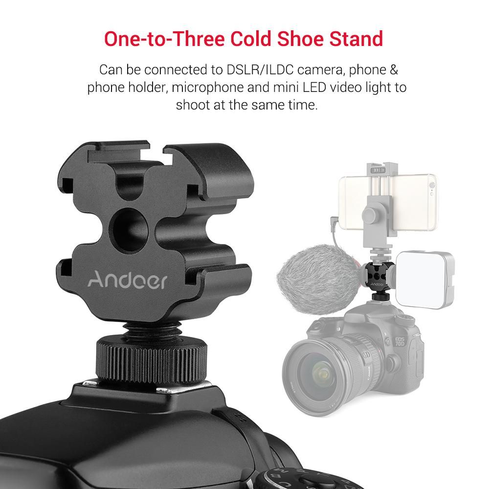Andoer Portable Aluminum Alloy One-to-Three Cold Shoe Stand Triple Cold Shoe Mount Extension Bracket for Tripod DSLR ILDC Camera Microphone Video Light Monitor Magic Arm