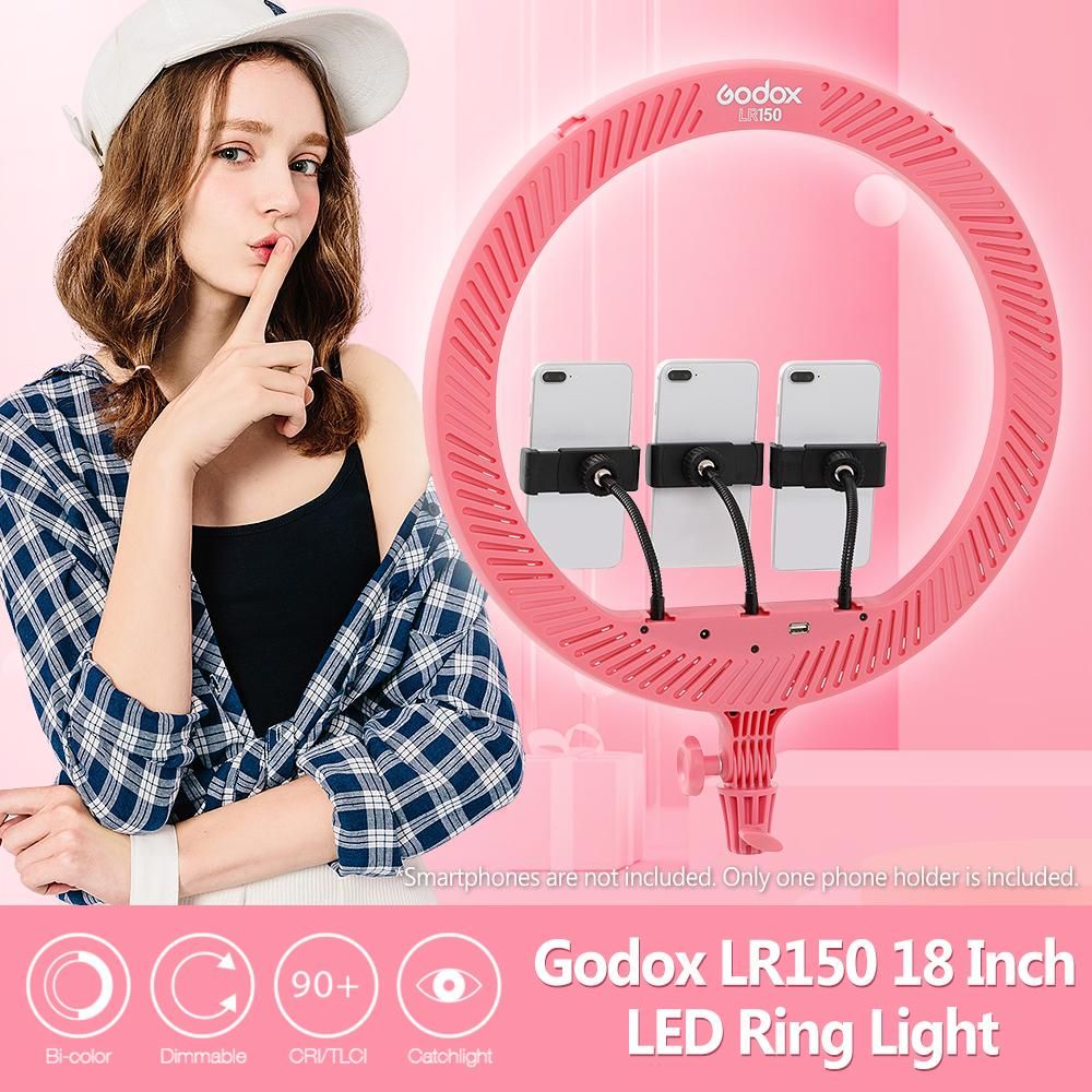 Godox LR150 18 Inch LED Ring Light Studio Photography Fill-in Light 3000K-6000K Bi-Color Temperature Adjustable Brightness with Phone Holder for Live Streaming Selfie   Makeup Portrait Photography