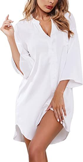 Women's Nursing Maternity Gown Satin Pocket  Shirt Button Down 3/4Sleeve Short Dress - Off White
