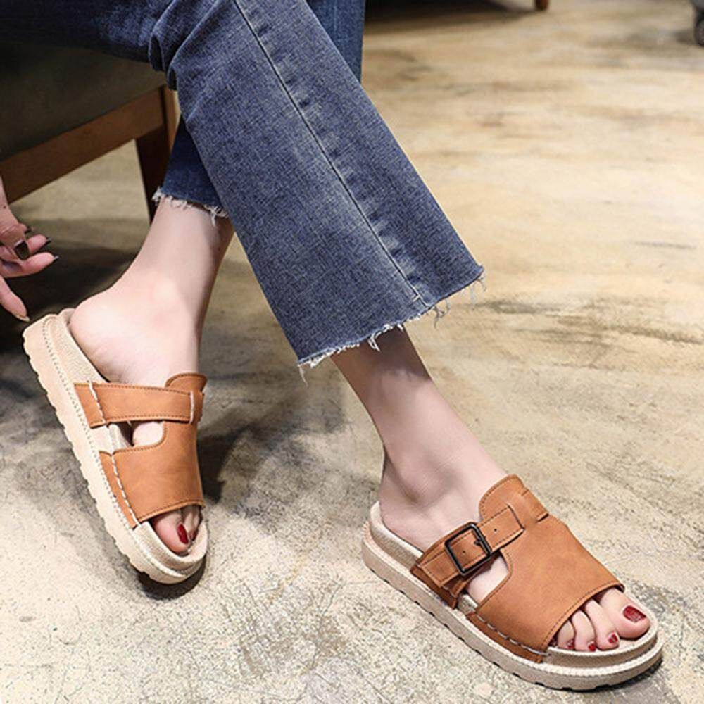 Belt Buckle Flat Slippers Women 2019 Summer New Style Flip-flops Women Thick Bottom Outside Wear Fashionable Comfortable Beach Sandals Khaki {40}