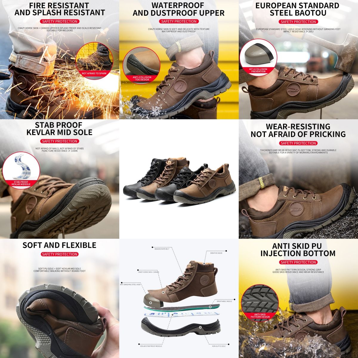 Safety Boots Steel Toe Work Shoes Durable Leather Upper