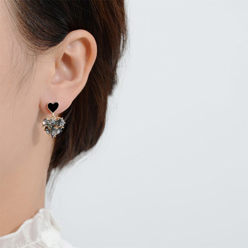 Earrings Rhinestone Encrusted Pendant, Heart Earrings For Party - Black