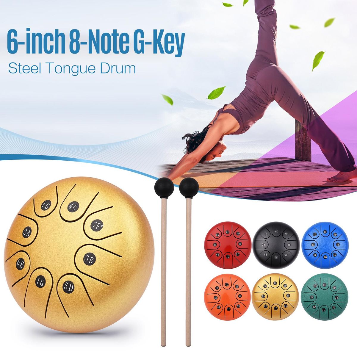 6-inch Mini 8-Tone Steel Tongue Drum G Key Percussion Instrument Hand Pan Drum with Drum Mallets Carry Pouch Music Book