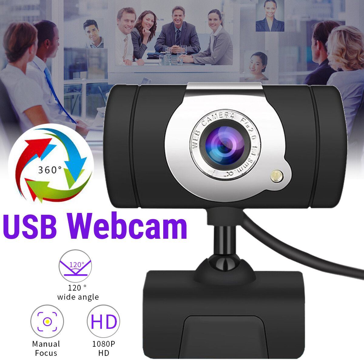 HD 360 Degree Webcam Auto Focus Webcam Without Microphone Video Call Web Camera PC Laptop Webcast Online Video Conference Camera CMOS USB Webcam