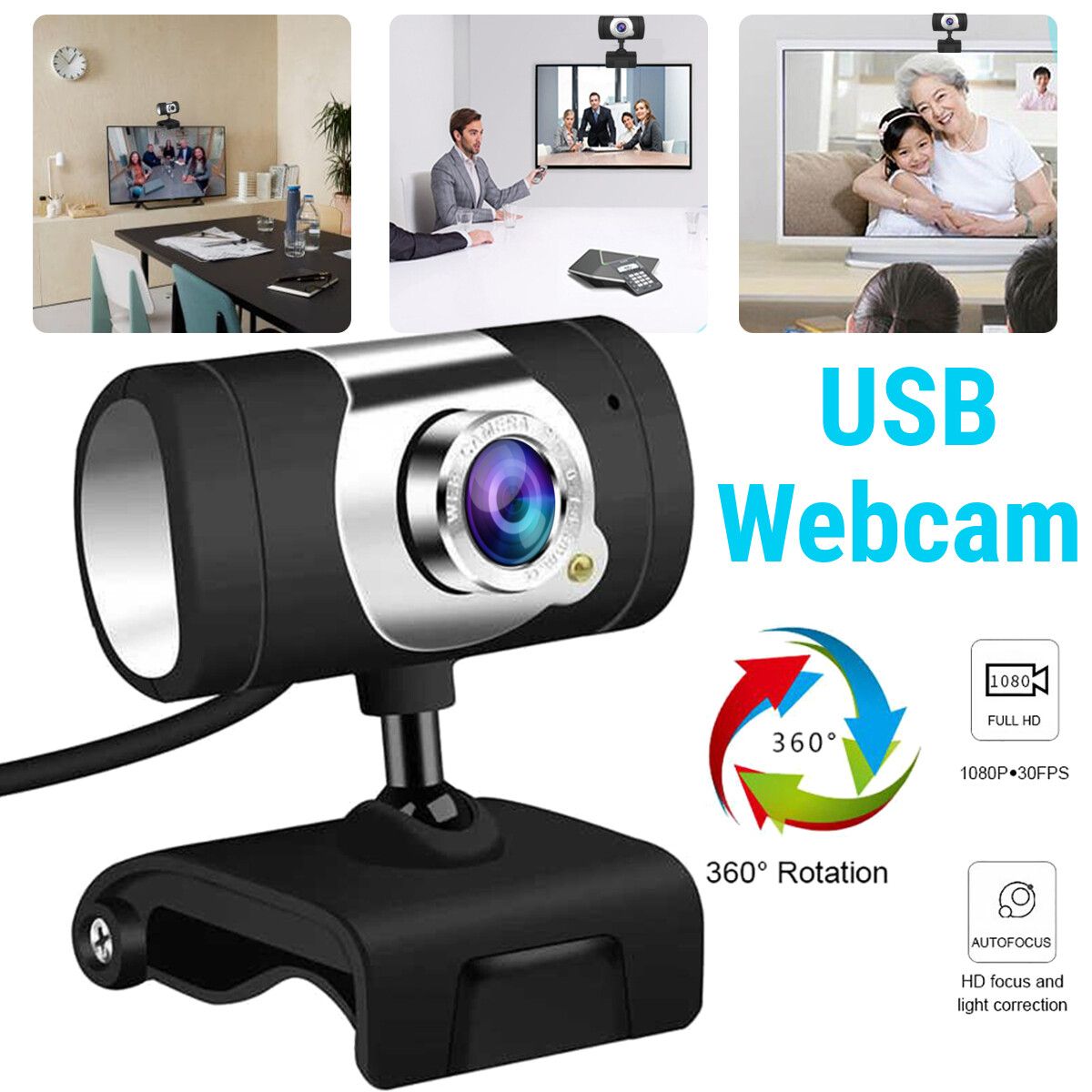 HD 360 Degree Webcam Auto Focus Webcam Without Microphone Video Call Web Camera PC Laptop Webcast Online Video Conference Camera CMOS USB Webcam