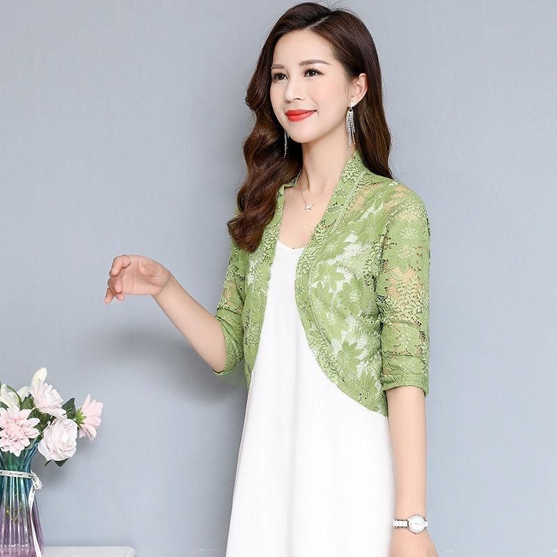 2023 Summer Women Thin Sun Protection Clothing Half Sleeve Shawl Coat All-match Hollow Lace Short Cardigan V-neck Jacket Y37
