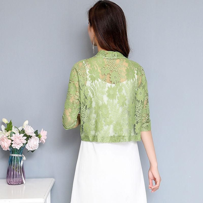2023 Summer Women Thin Sun Protection Clothing Half Sleeve Shawl Coat All-match Hollow Lace Short Cardigan V-neck Jacket Y37