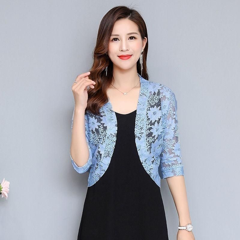 2023 Summer Women Thin Sun Protection Clothing Half Sleeve Shawl Coat All-match Hollow Lace Short Cardigan V-neck Jacket Y37
