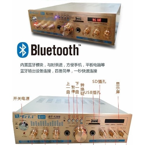 Bt-1288 Bluetooth Receiver  Karaoke Stereo 2ch Amplifier  Support Fm Usb Sd With Remote