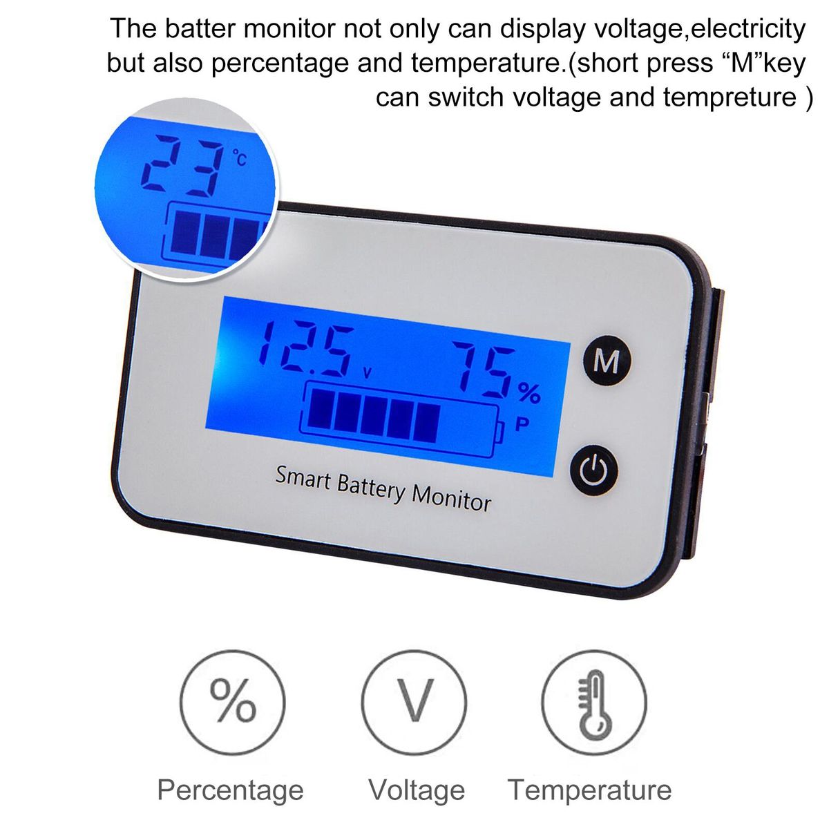 IPX7 Battery Capacity Monitor,DC 7-100V Battery Percentage Voltage Tester  12V 24V 36V 48V LCD Display Car Vehicle Marine RV Battery Power Indicator Panel