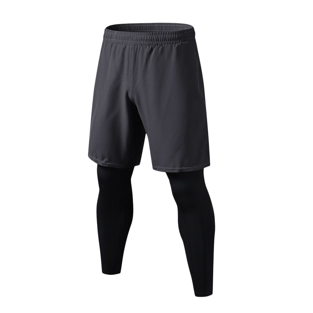 Men 2 In 1 Leings Running Shorts Workout Training Compression Tight Quick-drying Pants For Gym Fitness Running Basketball-Gray