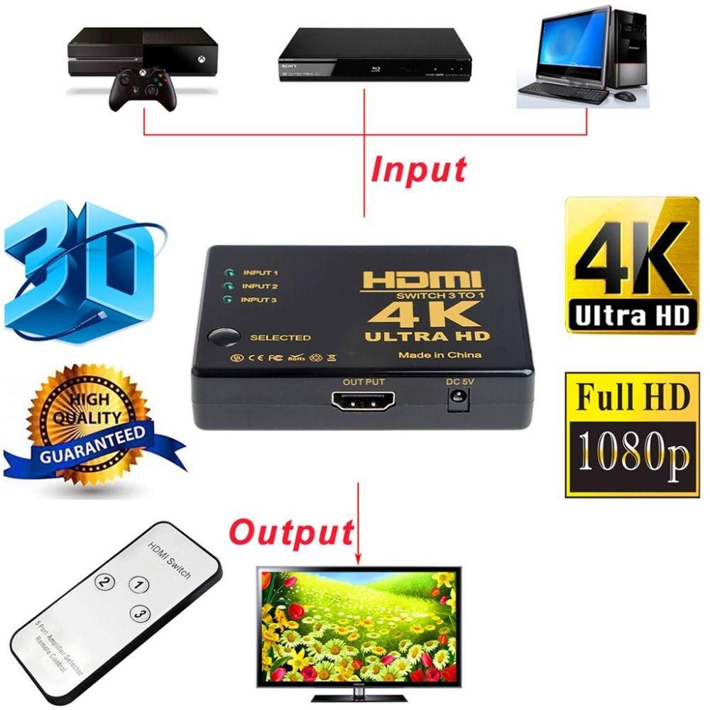 Ultra HD 4K x 2K HDMI Switch 3x1 3 Port Switcher Selector 3D 1080p w/ IR Remote