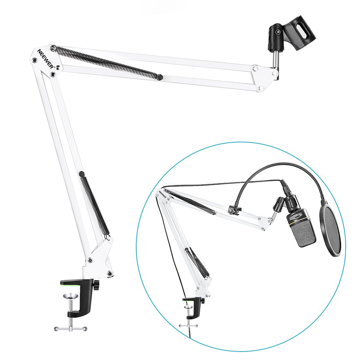 Desktop Microphone Suspension Boom Scissor Arm Stand With Microphone Clip Holder, Table Mounting Clamp And Pop Filter Windscreen Mask Shield Kit For Studio Broadcasting,Singing,Recording(White)