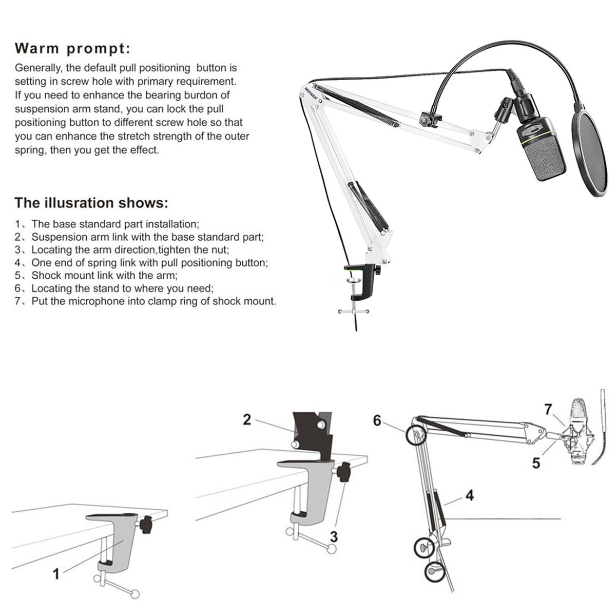 Desktop Microphone Suspension Boom Scissor Arm Stand With Microphone Clip Holder, Table Mounting Clamp And Pop Filter Windscreen Mask Shield Kit For Studio Broadcasting,Singing,Recording(White)