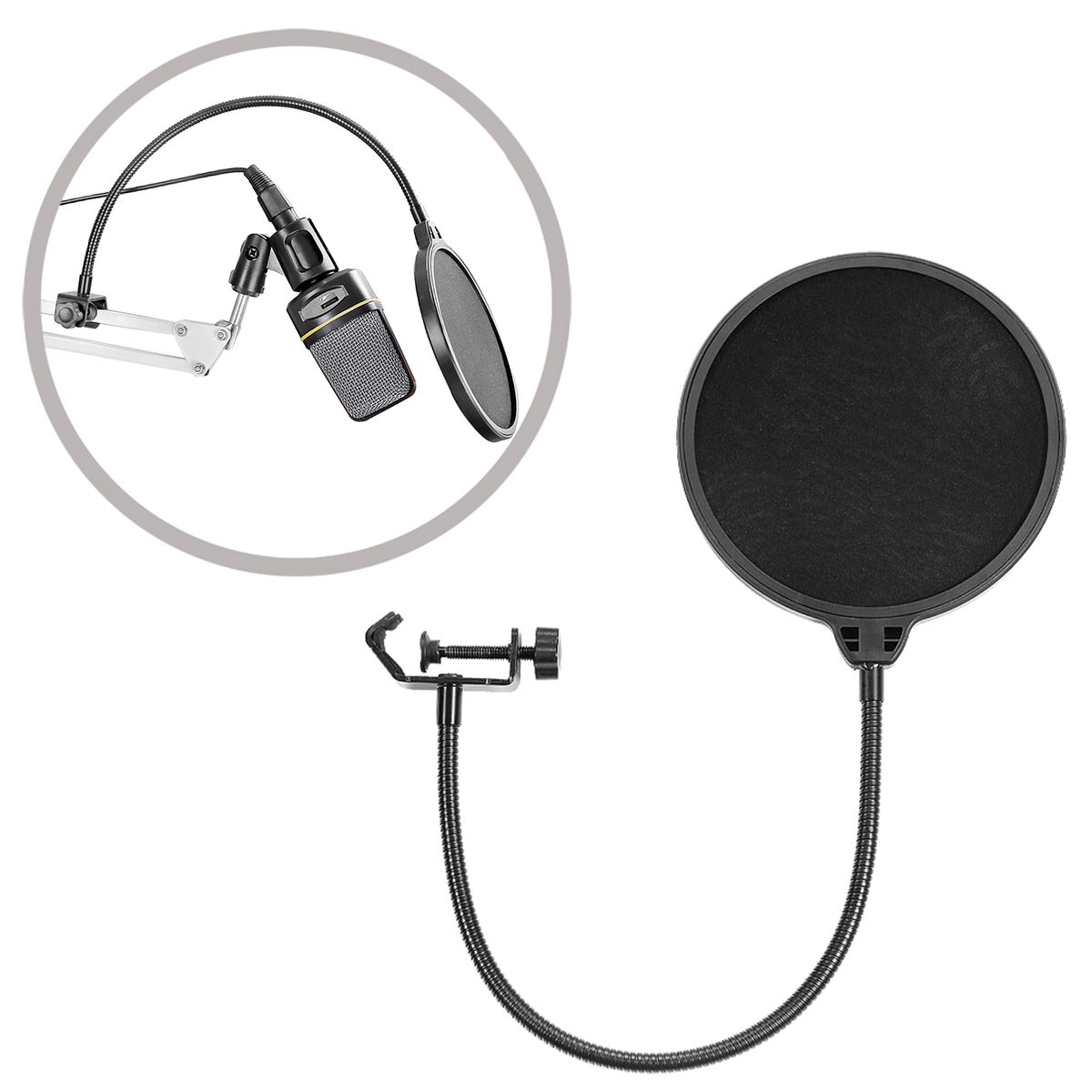 Desktop Microphone Suspension Boom Scissor Arm Stand With Microphone Clip Holder, Table Mounting Clamp And Pop Filter Windscreen Mask Shield Kit For Studio Broadcasting,Singing,Recording(White)