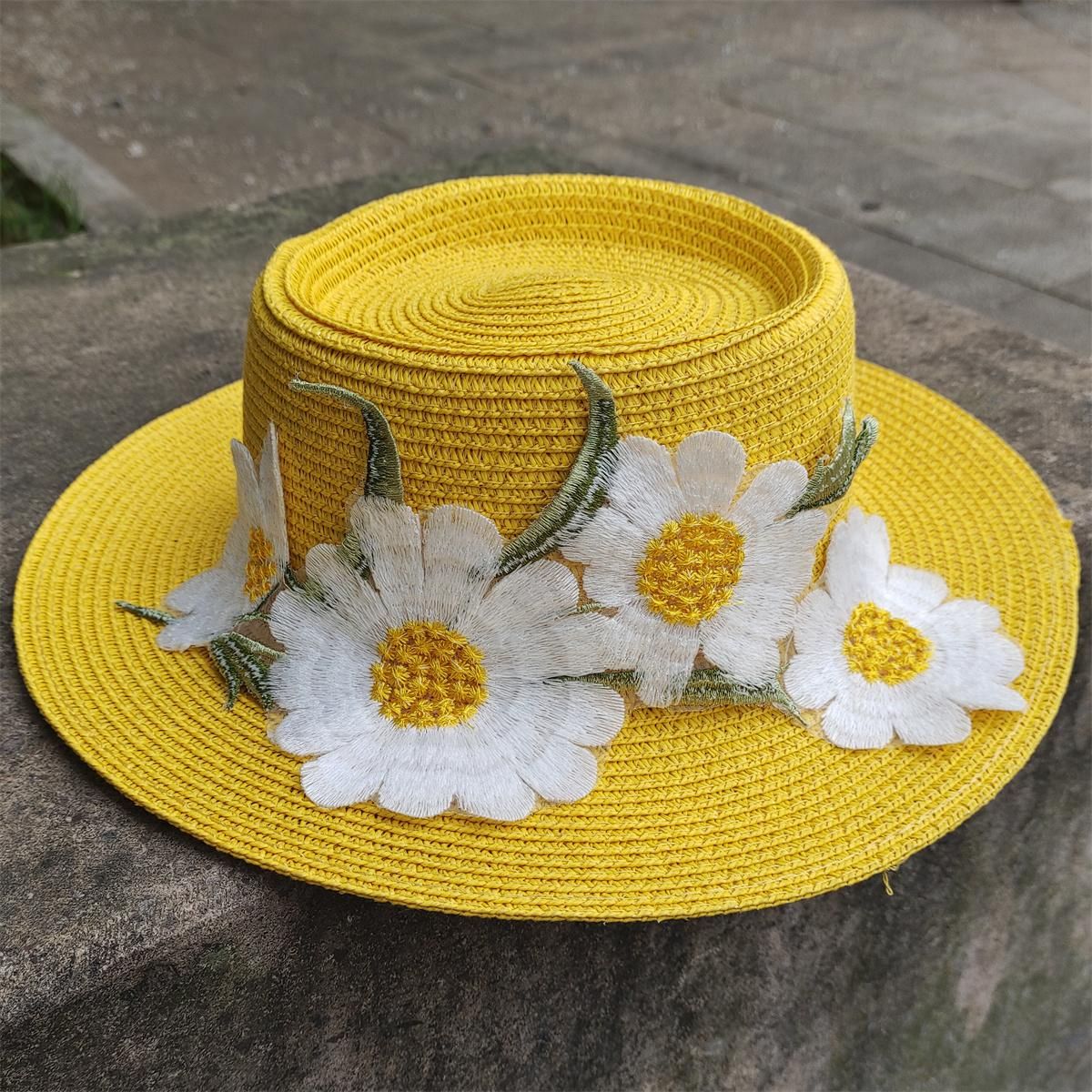 Type 1 Little Daisy Straw Hat Embroidered 3D Flower Concave Top Women's Straw Hat Summer Beach Sun Hat Ladies Wedding Hat 2023