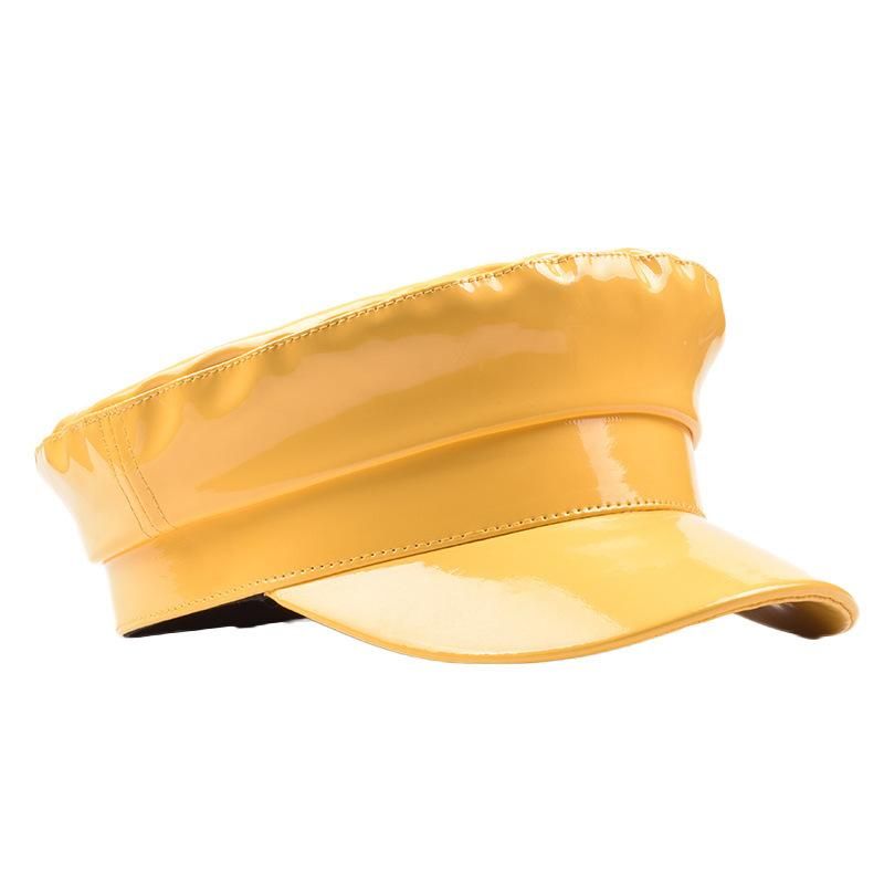Topi Pelaut Militer Baret Kulit Pu Berkilau Cerah untuk Wanita Topi Top Datar Murni Retro Inggris Topi Koran Oktagonal