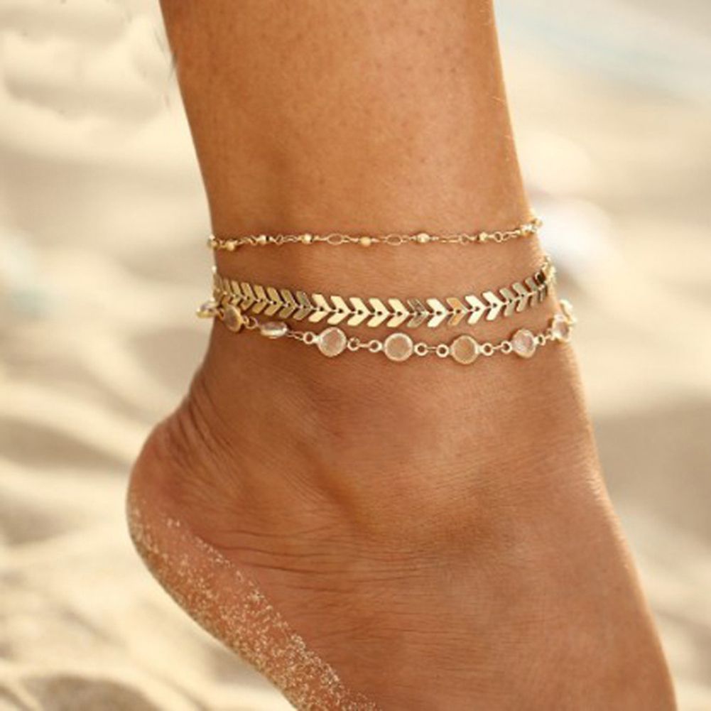 3Pcs/Set Bohemian Women Rhinestone Fishbone Chain Anklet Foot Bracelet Jewelry-Golden