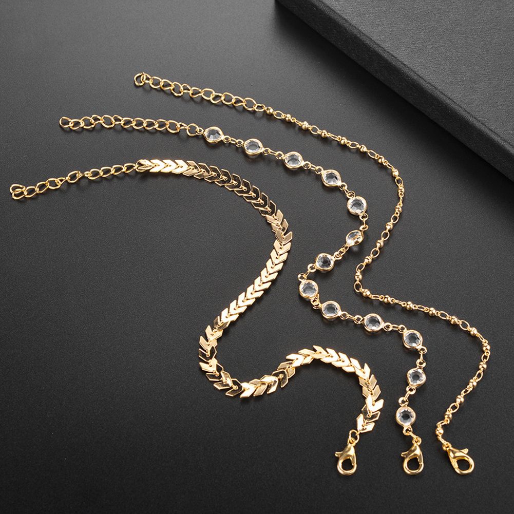 3Pcs/Set Bohemian Women Rhinestone Fishbone Chain Anklet Foot Bracelet Jewelry-Golden