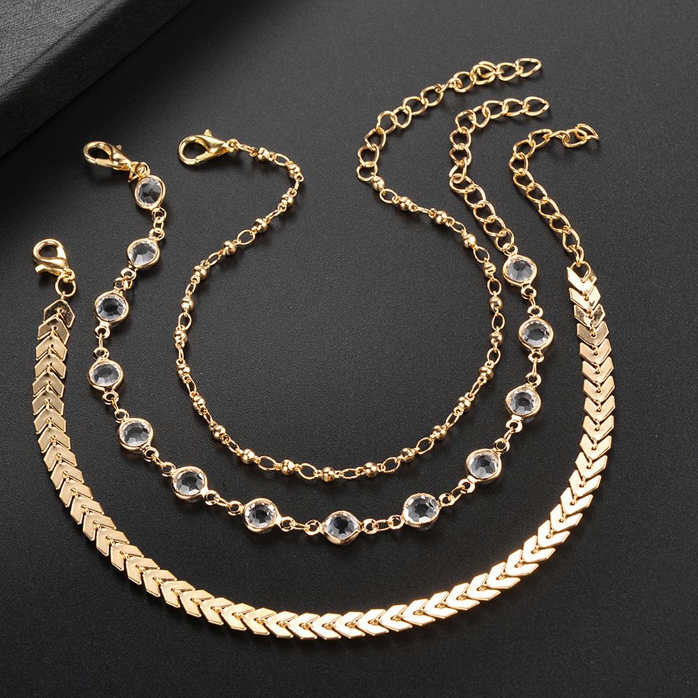 3Pcs/Set Bohemian Women Rhinestone Fishbone Chain Anklet Foot Bracelet Jewelry-Golden