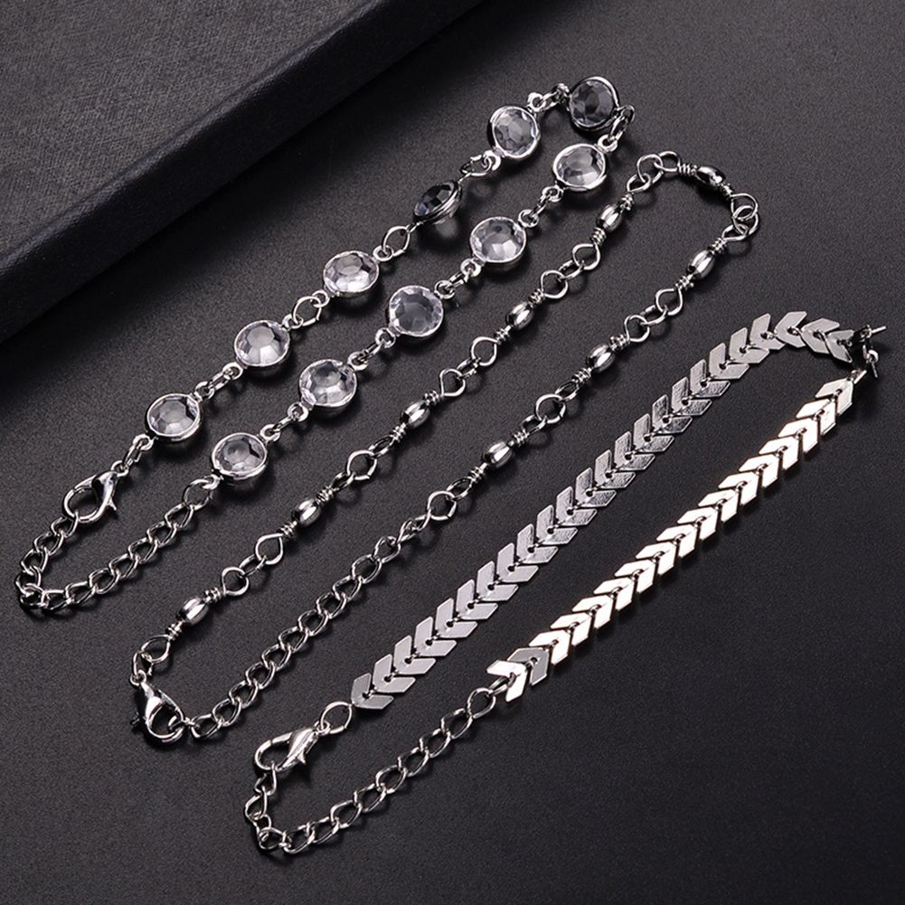 3Pcs/Set Bohemian Women Rhinestone Fishbone Chain Anklet Foot Bracelet Jewelry-Golden