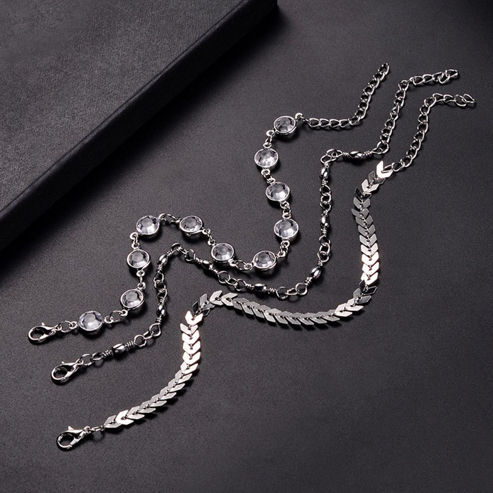 3Pcs/Set Bohemian Women Rhinestone Fishbone Chain Anklet Foot Bracelet Jewelry-Golden