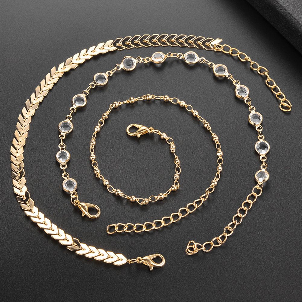 3Pcs/Set Bohemian Women Rhinestone Fishbone Chain Anklet Foot Bracelet Jewelry-Golden