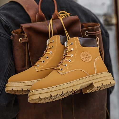 Motorcycle Boots Men High-top Shoes Fashion Trend All-match Leather Martin Boots For Man Outdoor Casual Work Shoes Lace-Up Male Winter Ankle Boots Brown