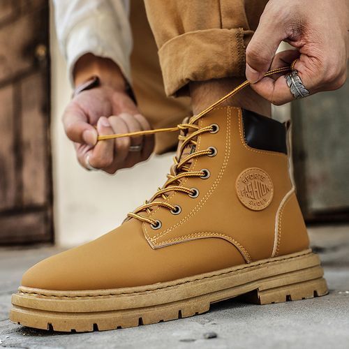 Motorcycle Boots Men High-top Shoes Fashion Trend All-match Leather Martin Boots For Man Outdoor Casual Work Shoes Lace-Up Male Winter Ankle Boots Brown