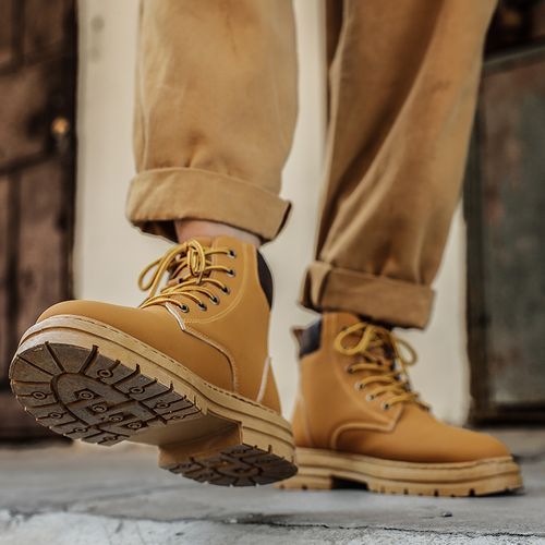 Motorcycle Boots Men High-top Shoes Fashion Trend All-match Leather Martin Boots For Man Outdoor Casual Work Shoes Lace-Up Male Winter Ankle Boots Brown