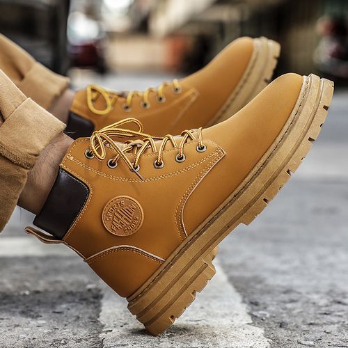 Motorcycle Boots Men High-top Shoes Fashion Trend All-match Leather Martin Boots For Man Outdoor Casual Work Shoes Lace-Up Male Winter Ankle Boots Brown
