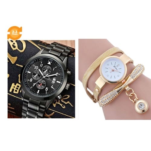 2 In 1 Studded Women Bracelet Wrist Watch With Leather Watch