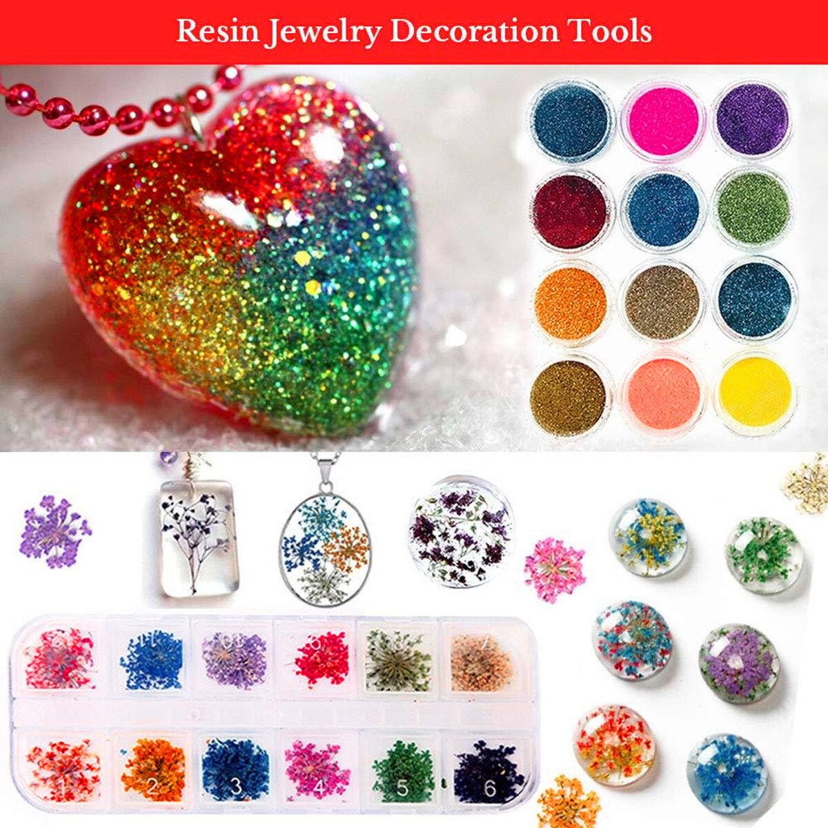 113/138 Pcs DIY Craft Silicone Resin Jewelry Casting Mold With Glitter And Flower Decoration DIY Artcraft Project Gift Pendant Making Tools Set For Beginners Pink