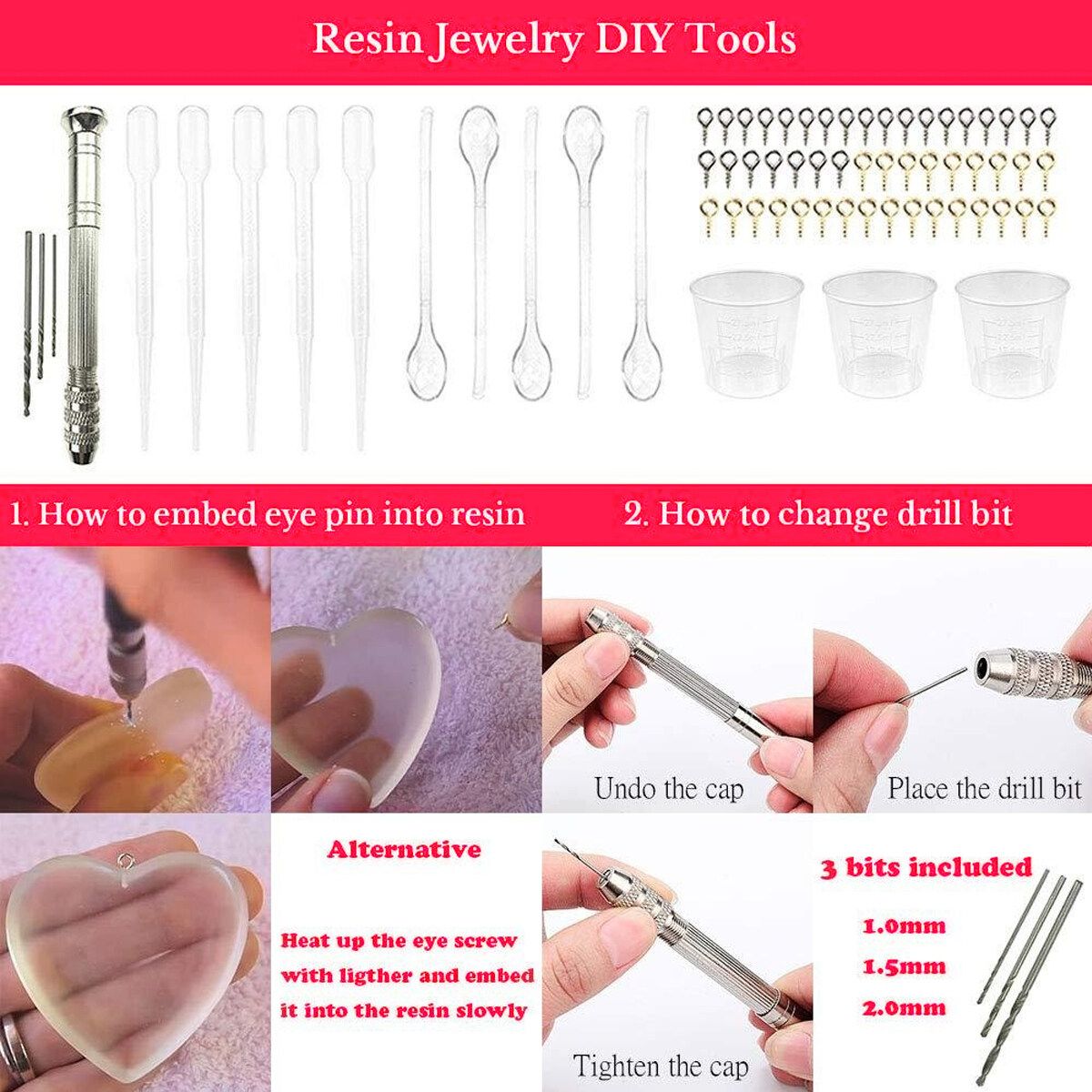 113/138 Pcs DIY Craft Silicone Resin Jewelry Casting Mold With Glitter And Flower Decoration DIY Artcraft Project Gift Pendant Making Tools Set For Beginners Pink