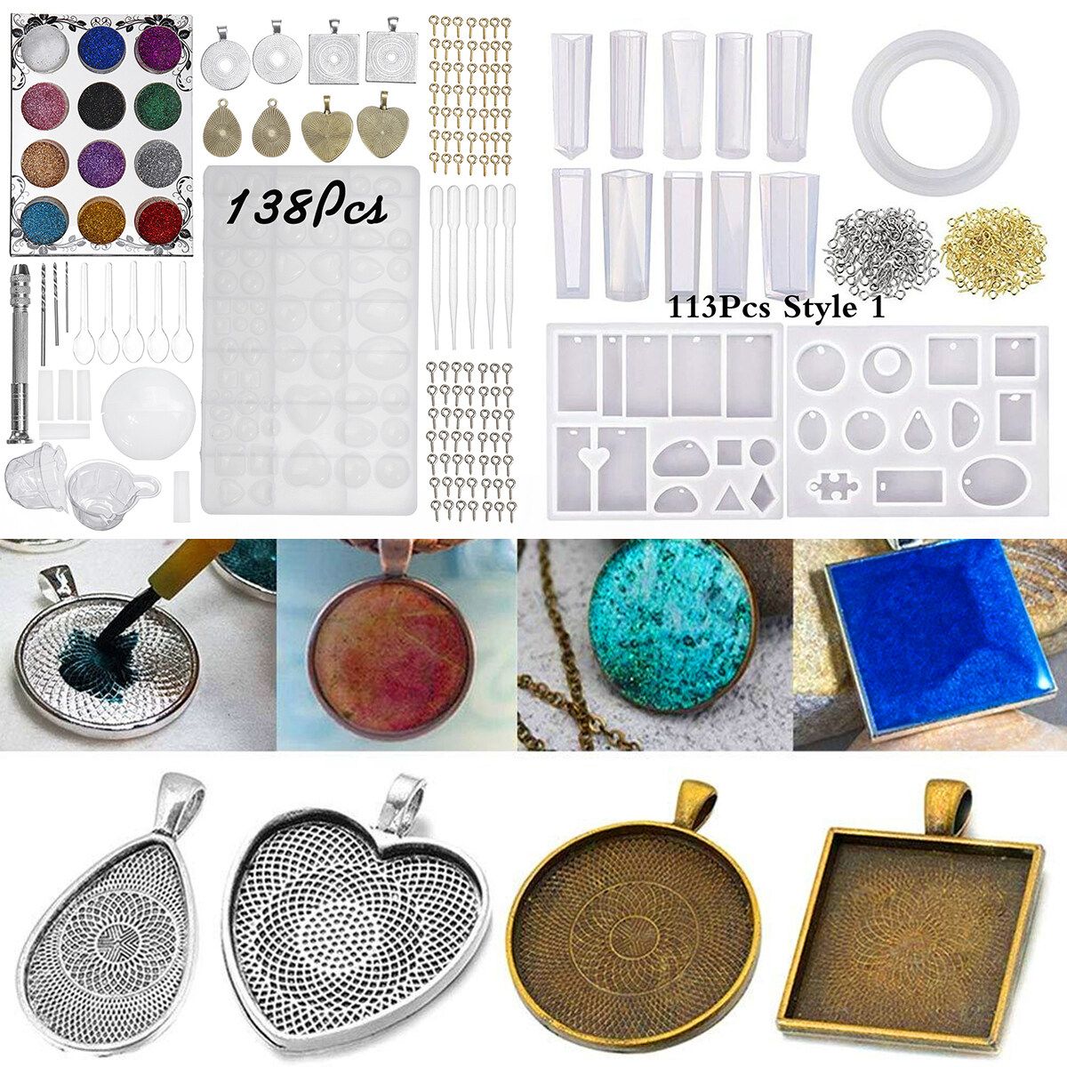 113/138 Pcs DIY Craft Silicone Resin Jewelry Casting Mold With Glitter And Flower Decoration DIY Artcraft Project Gift Pendant Making Tools Set For Beginners Pink