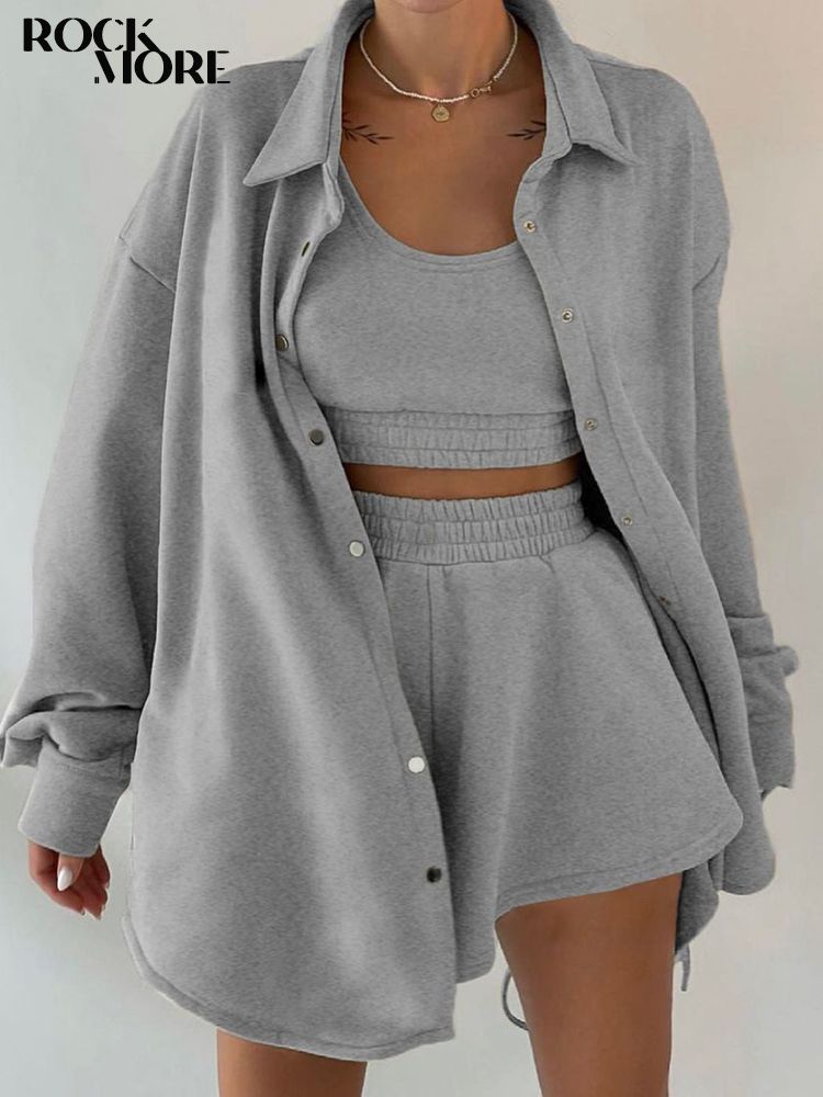 (3-piece Set)Rockmore Tracksuit Three Piece Set Women Oversize Hoodies Sweatshirt Sweatpants Joggers Short Pant Suits Femme Outfits Sweatsuit GRE
