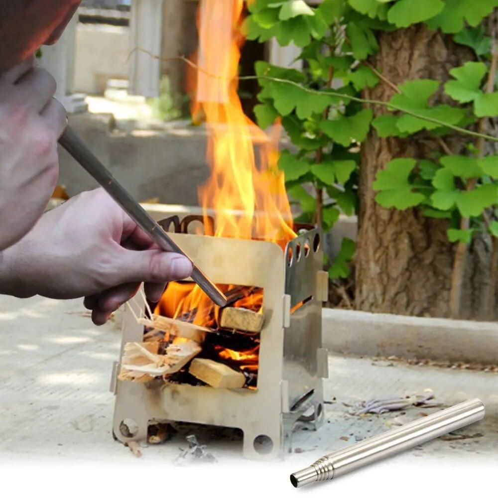 New Outdoor Portable Bellow Blow Fire Tube Bbq Camping Picnic Stove Collapsible Fire Tool Stainless Steel Camping Equipment