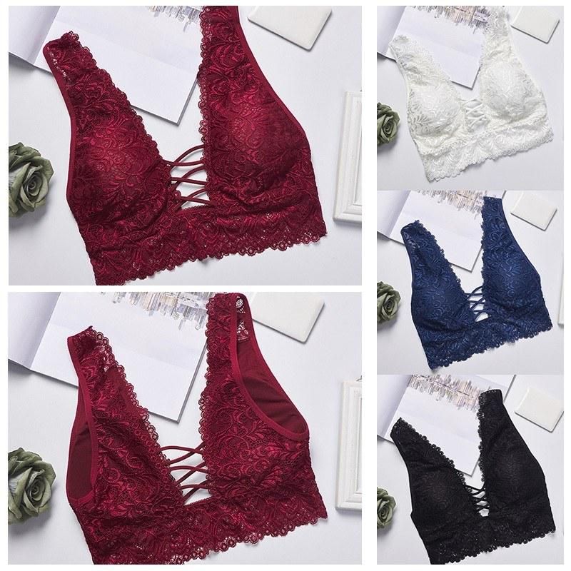 Women Bralette Floral Crochet Lace Wireless Trigangle Cups Padded Push Up Bandage Hollow Out Scallop Elegant Camisole