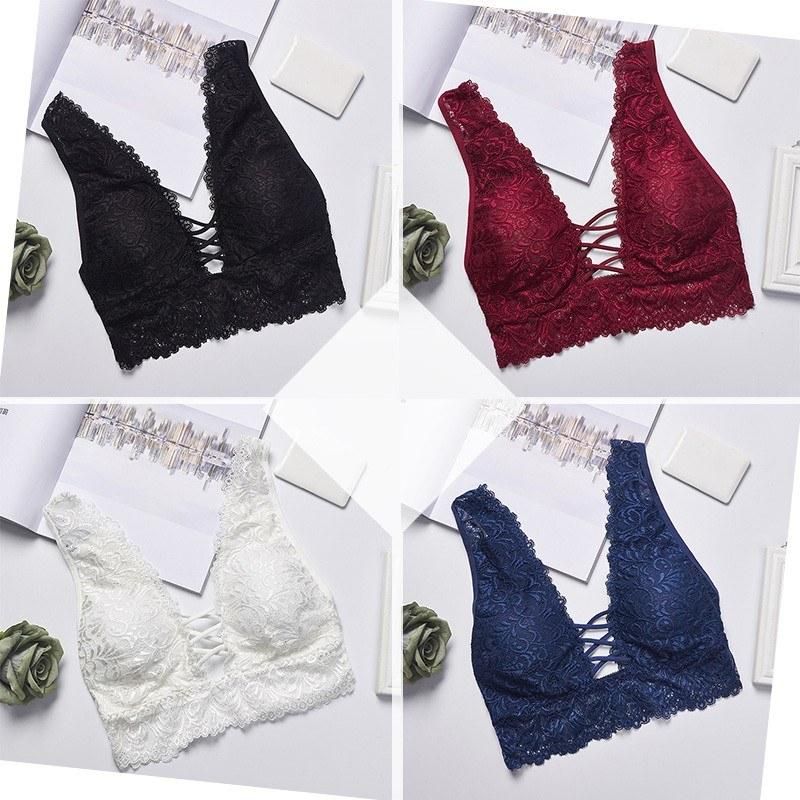Women Bralette Floral Crochet Lace Wireless Trigangle Cups Padded Push Up Bandage Hollow Out Scallop Elegant Camisole