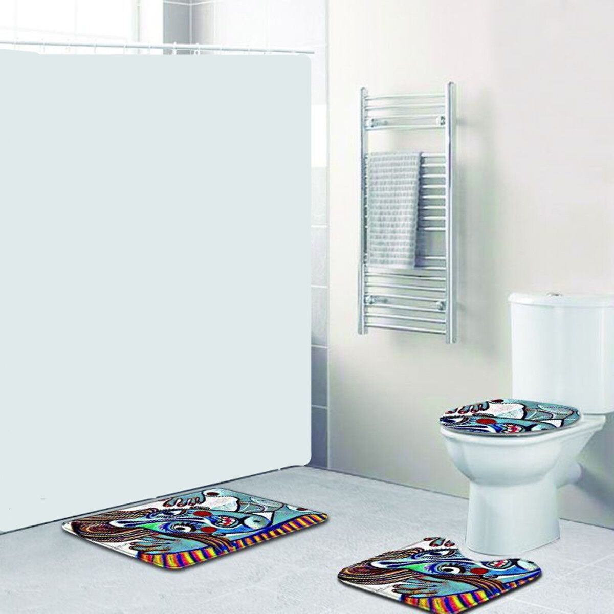 4PC Bathroom Washroom Rug Mat Toilet Lid Cover Bath Mats Shower Curtain Skull D02345 * 75 Three Piece Floor Mat Set