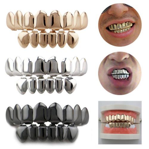 14K Gold Plated Hip Hop Teeth Grillz Top & Bottom Grill Set Silver