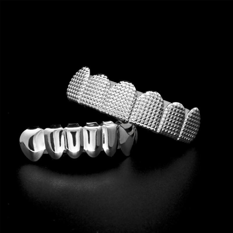 Big 9 Fold Teeth Grillz Square Pyramid Gold - Plated Hip - Tooth Accessory Factory Direct Sales Silvery