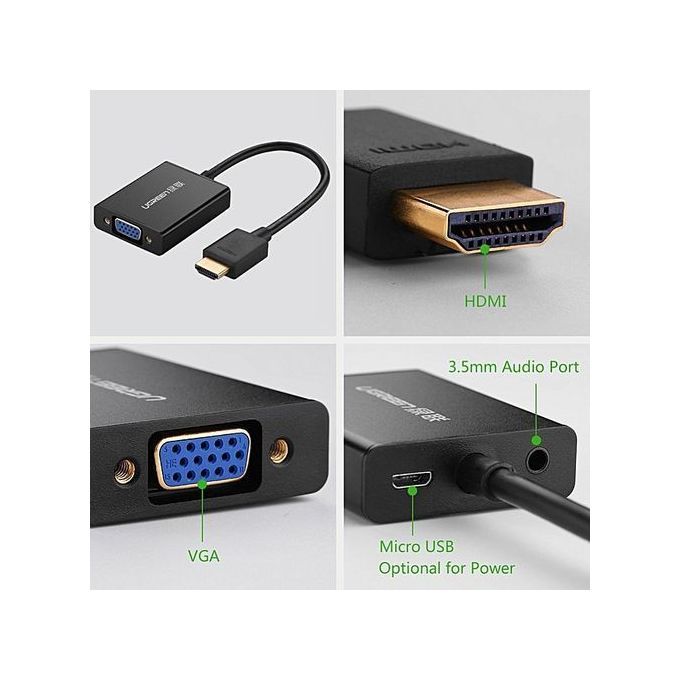 Active HDMI To VGA Adapter Converter With Audio And Mirco USB Converter Premium Aluminum Case For Apple TV, Smart TV Box,PC, Laptop, Ultrabook,Raspberry Pi, Chromebook, Support 1920x1080 60Hz (Black) By HonTai