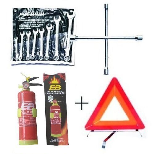 Automobile Car Safety Fire Extinguisher + Wheel Spanner + 8 Pcs Flat & Ring Spanner + C-Caution Sign