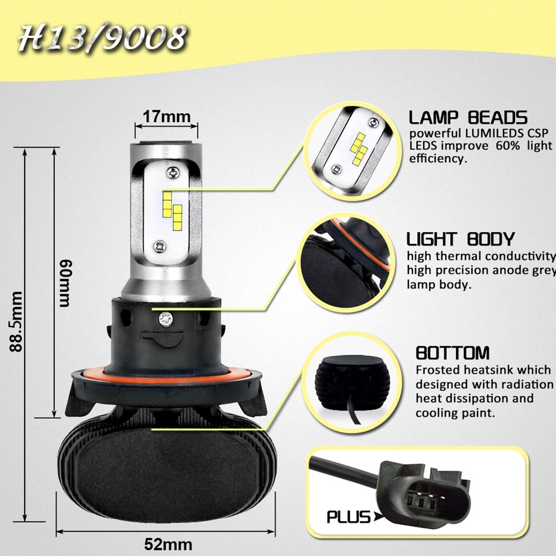 2 PCS H13 IP65 Waterproof 6 CSP LED Car Headlight Bulb
